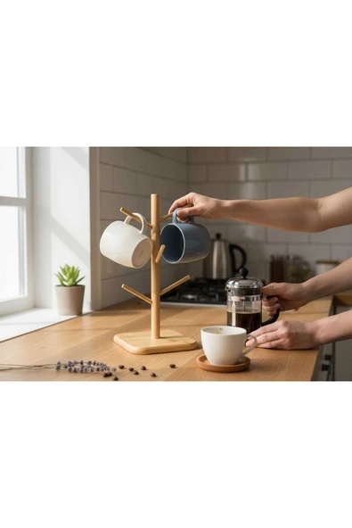 Gül Çelik Doğal Bambu 6’lı Bardak Fincan Askısı Tarz Mutfak Düzenleyici, 35 cm - Resim 3