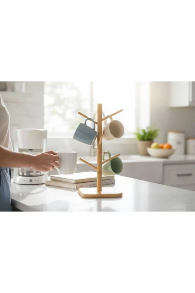 Gül Çelik Doğal Bambu 6’lı Bardak Fincan Askısı Tarz Mutfak Düzenleyici, 35 cm ürün görseli 1