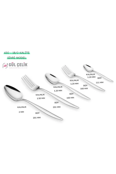 Gül Çelik Çatal Kaşık Seti 60 Parça 12 Kişilik Sivri Model 18/0 Kalite - Resim 2