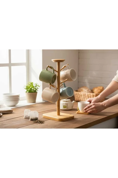 Gül Çelik Doğal Bambu 6’lı Bardak Fincan Askısı Tarz Mutfak Düzenleyici, 35 cm - Resim 2