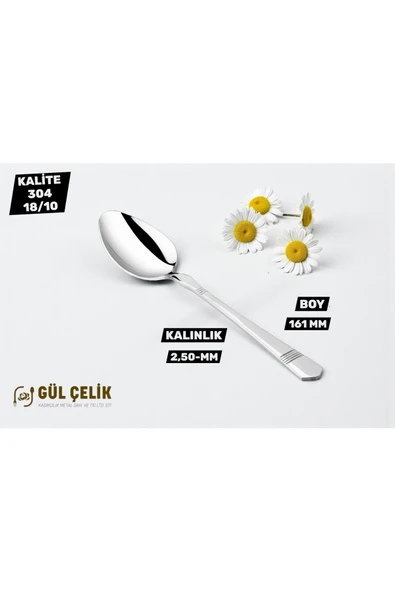Gül Çelik 12 Kişilik Tatlı Kaşığı Alvina Model 304 Kalite 18/10 Paslanmaz Çelik - Resim 2