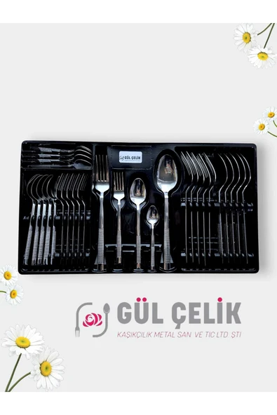 Gül Çelik 30 Parça 6 Kişilik Çatal Kaşık Seti Hasır Model Kutulu 18/0 Kalite - Resim 2