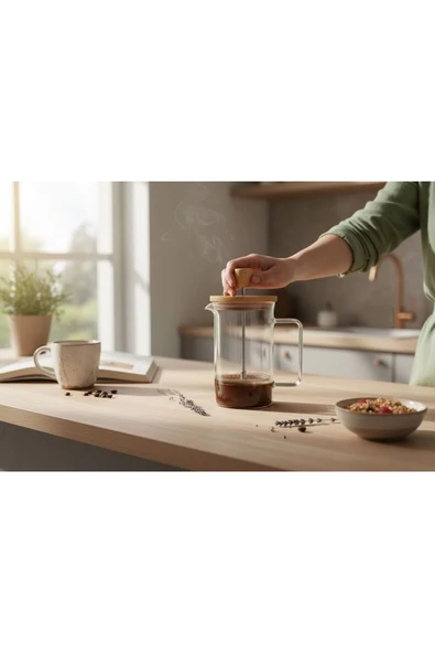 Gül Çelik Bambu Cam French Press 600 ML Borosilikat Isıya Dayanıklı - Resim 3