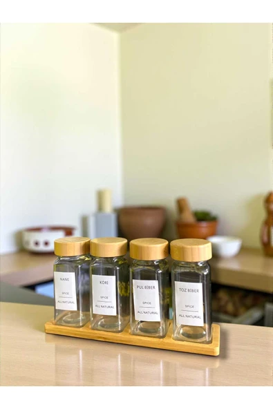 Gül Çelik 4 lü Bambu Kapaklı Standlı Baharatlık Seti - Resim 2