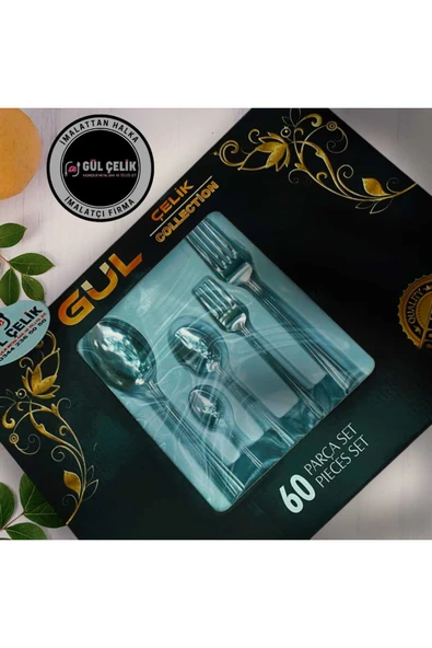 Gül Çelik 60 Parça 12 Kişilik Çatal Kaşık Seti Kordon Model KUTULU 18,0 Kalite ürün görseli 1