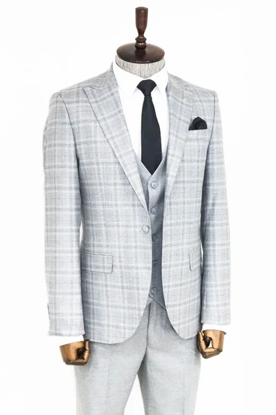 Açık Gri Ekose Ceketli Slim Fit Takım Elbise - Wessi - Resim 8