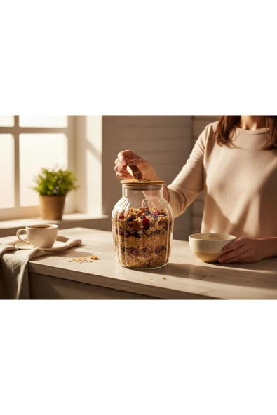 Gül Çelik Bambu Kapaklı Cam Çizgili Erzak Kavanozu 1.800 ML - Resim 2