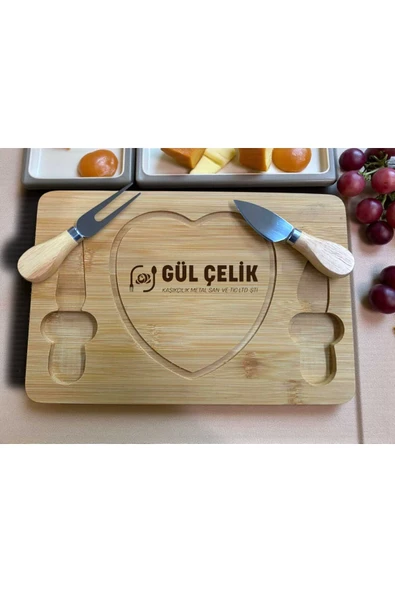Gül Çelik Bambu Bıçaklı Peynir Sunum Seti Kalp Figürlü Romantik Sunumluk Peynir Servis Seti 28 x 19 Cm Ölçülü ürün görseli 1