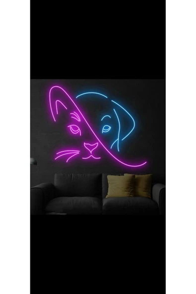 Magnetfoto Kedi Köpek Çift Renk Neon Tabela 50x50 | Pembe & Mavi LED Dekor Işık ürün görseli 1