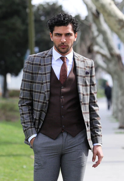 Ekose Yelekli Füme Erkek Takım Elbise - Wessi - Resim 6