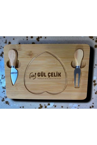 Gül Çelik Bambu Bıçaklı Peynir Sunum Seti Kalp Figürlü Romantik Sunumluk Peynir Servis Seti 28 x 19 Cm Ölçülü - Resim 5