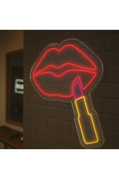 Magnetfoto Ruj ve Dudak Figürlü Neon LED Tabela - Kuaför & Makyaj Stüdyosu Dekoru - 60x70 - Resim 3
