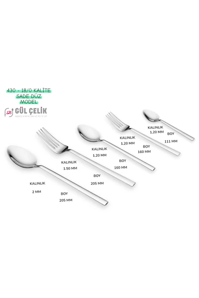 Gül Çelik 30 Parça 6 Kişilik Çatal Kaşık Seti Sade Model 18/0 Kalite Kutulu - Resim 3