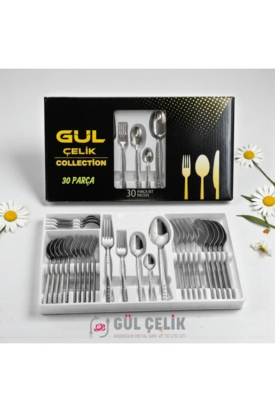 Gül Çelik 30 Parça 6 Kişilik Çatal Kaşık Seti Boncuk Model Kutulu 18/0 Kalite ürün görseli 1