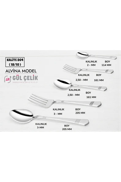 Gül Çelik 60 Parça 12 Kişilik 18/10 Kalite Çatal Kaşık Seti Alvina Model Lüx 304 - Resim 2