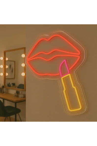 Magnetfoto Ruj ve Dudak Figürlü Neon LED Tabela - Kuaför & Makyaj Stüdyosu Dekoru - 60x70 ürün görseli 1