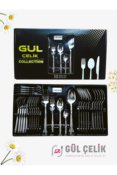 Gül Çelik 30 Parça 6 Kişilik Çatal Kaşık Seti Hasır Model Kutulu 18/0 Kalite ürün görseli 1
