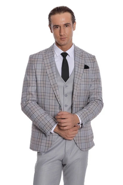 Ekose Ceketli Slim Fit Açık Gri Erkek Takım Elbise - Wessi ürün görseli 1