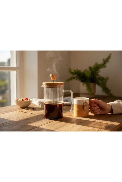 Gül Çelik Bambu Kapaklı French Bitki Çayı , Kahve Pressi Plastik 1000 ml - Resim 2