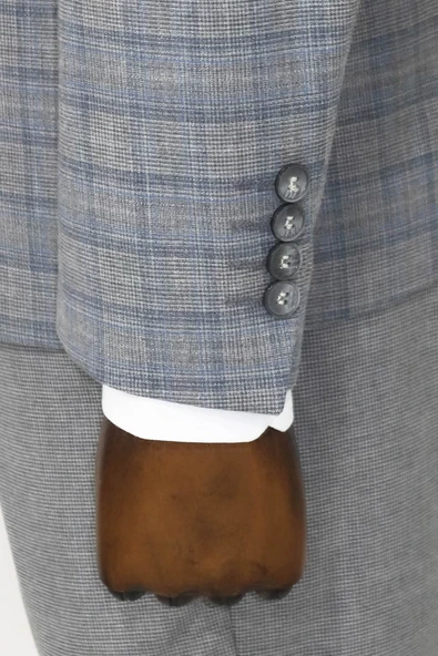 Ekose Ceketli Slim Fit Gri Erkek Takım Elbise - Wessi - Resim 8