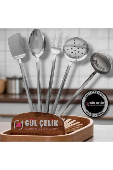 Gül Çelik Kepçe Kevgir Servis Seti 5 Parça 18/0 Kalite - Resim 2