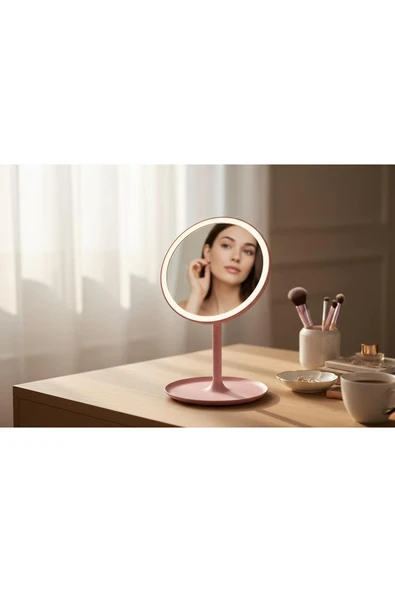KAVEH Led Işıklı Dokunmatik Makyaj Aynası Pembe 3 Kademeli Işık Ayarı , 360° Döner Başlık ürün görseli 1