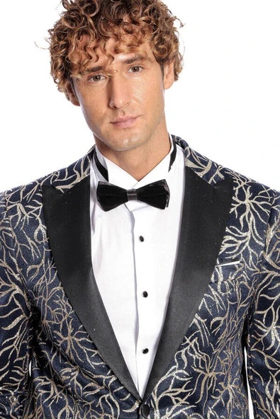 Işıltılı Sarmaşık Desenli Slim Fit Lacivert Erkek Smokin Ceket - Wessi - Resim 2