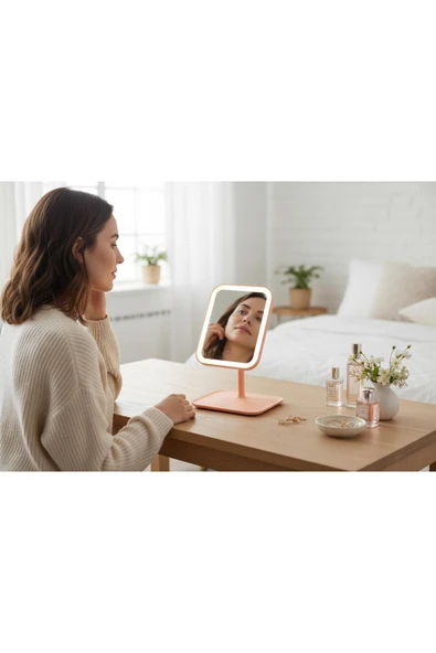 Gül Çelik Led Işıklı Usb Şarjlı Dikdörtgen Masa Üstü Makyaj Aynası Makyaj Aynası Dokunmatik Ekran - Resim 4