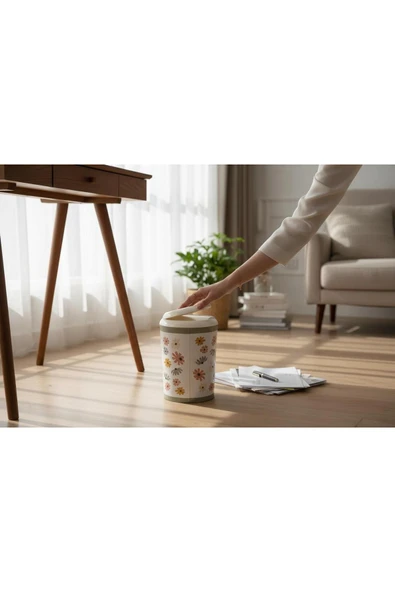 Gül Çelik Yuvarlak Desenli Metal Çöp Kovası - Resim 3