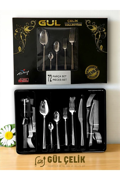 Gül Çelik 72 Parça 12 Kişilik Çatal Kaşık Seti Sade Model Kutulu 18/0 Kalite ürün görseli 1