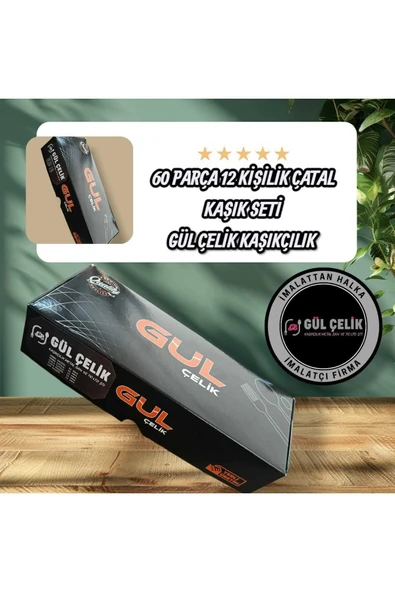 Gül Çelik Çatal Kaşık Seti 60 Parça 12 Kişilik Taş Model 18,0 Kalite - Resim 3