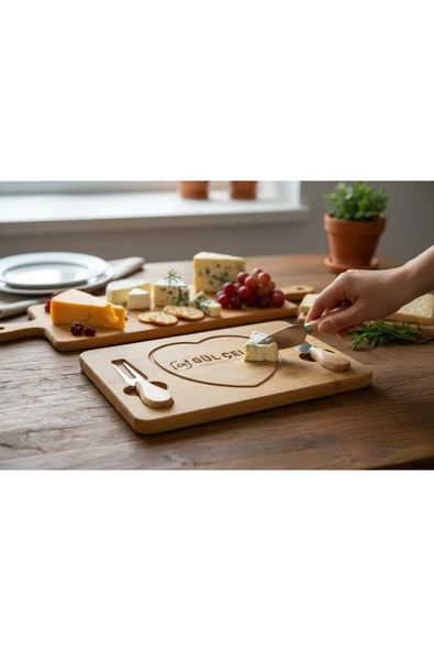 Gül Çelik Bambu Bıçaklı Peynir Sunum Seti Kalp Figürlü Romantik Sunumluk Peynir Servis Seti 28 x 19 Cm Ölçülü - Resim 2
