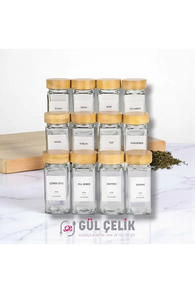 Gül Çelik 12'li Bambu Kapaklı Baharat Kavanozu Serpme Başlıklı Çeyizlik Baharatlık Etiketli - Resim 2