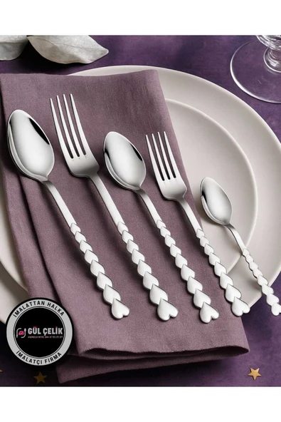 Gül Çelik Çatal Kaşık Seti 30 Parça 6 Kişilik Kalpli Model 18/0 Kalite ürün görseli 1