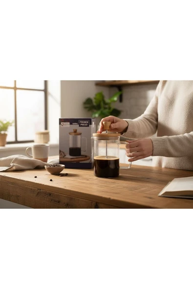 Gül Çelik Bambu Cam French Press 600 ML Borosilikat Isıya Dayanıklı ürün görseli 1
