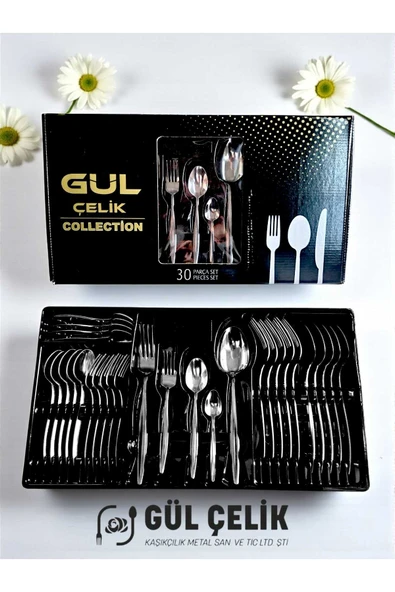 Gül Çelik 30 Parça 6 Kişilik Çatal Kaşık Takımı Sivri Model (KUTULU) ürün görseli 1