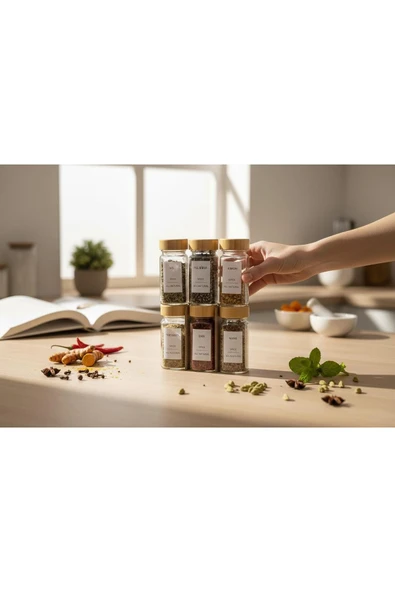 Gül Çelik 6'lı Baharat Kavanozu Bambu Kapaklı Serpme Başlıklı Çeyizlik Baharatlık Etiketli ürün görseli 1