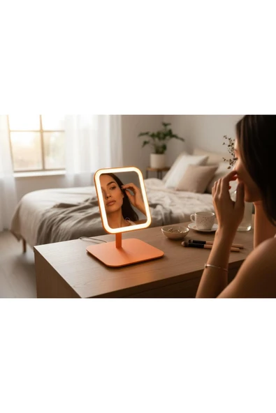 Gül Çelik Led Işıklı Usb Şarjlı Dikdörtgen Masa Üstü Makyaj Aynası Makyaj Aynası Dokunmatik Ekran - Resim 2