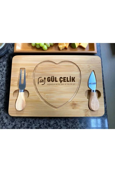 Gül Çelik Bambu Bıçaklı Peynir Sunum Seti Kalp Figürlü Romantik Sunumluk Peynir Servis Seti 28 x 19 Cm Ölçülü - Resim 3