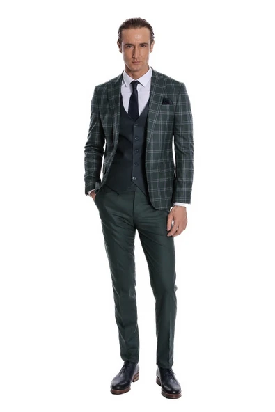 Ekose Ceketli Desenli Slim Fit Yeşil Erkek Takım Elbise - Wessi - Resim 4