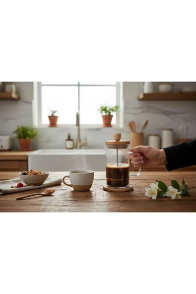 Gül Çelik Gül Çelik Home 350 ML Borosilikat Isıya Dayanıklı Cam French Press - Resim 2