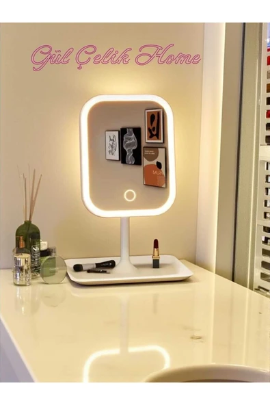 Gül Çelik Led Işıklı Usb Şarjlı Dikdörtgen Masa Üstü Makyaj Aynası Makyaj Aynası Dokunmatik Ekran - Resim 3