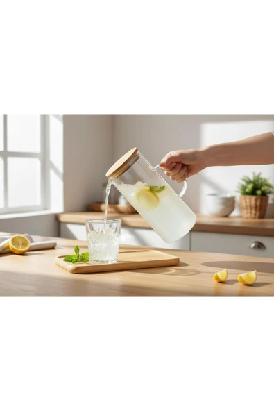 Gül Çelik 1200 Ml Isıya Dayanıklı Bambu Kapaklı Sürahi - Resim 2