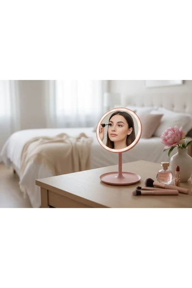 KAVEH Led Işıklı Dokunmatik Makyaj Aynası Pembe 3 Kademeli Işık Ayarı , 360° Döner Başlık - Resim 3