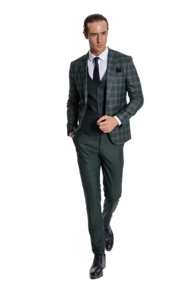 Ekose Ceketli Desenli Slim Fit Yeşil Erkek Takım Elbise - Wessi - Resim 5