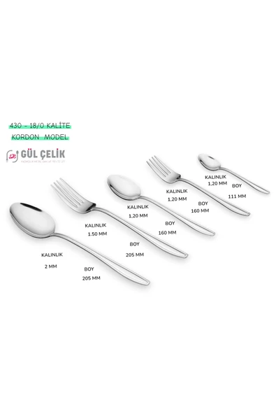Gül Çelik Çatal Kaşık Seti 30 Parça 6 Kişilik Kordon Model 18/0 Kalite - Resim 2