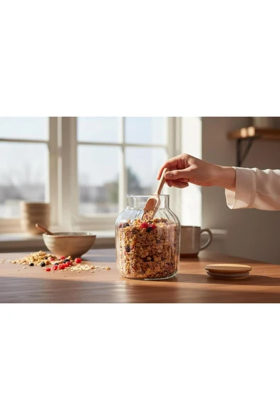 Gül Çelik Bambu Kapaklı Cam Çizgili Erzak Kavanozu 1.800 ML - Resim 3