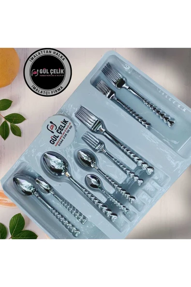 Gül Çelik 60 Parça 12 Kişilik Çatal Kaşık Seti Kalpli Model KUTULU 18,0 Kalite - Resim 2