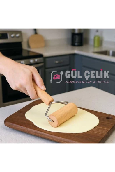 Gül Çelik Ahşap Saplı Rulo Hamur Açıcı Merdane Pürüzsüz Oklava Pizza Börek Açma Silindir - Resim 5