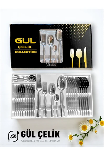 Gül Çelik 30 Parça 6 Kişilik Çatal Kaşık Seti Sade Model 18/0 Kalite Kutulu ürün görseli 1